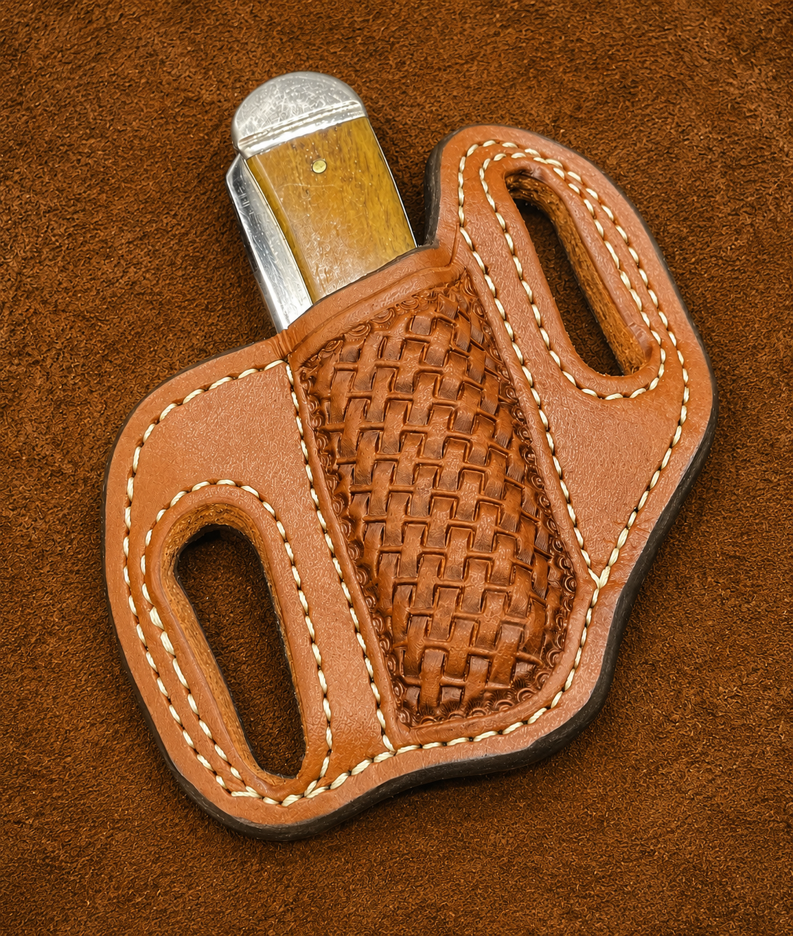 *In Stock* RH Slant Leather Knife Sheath w/Basket Weave 2 Blade Trapper 4 1/8" - Busted B Leather