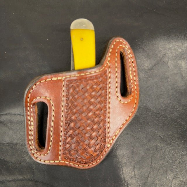 *In Stock* RH Cowboy Knife Sheath for 2 Blade Trapper 4 1/8 Saddle Oil Finish - Basket Weave