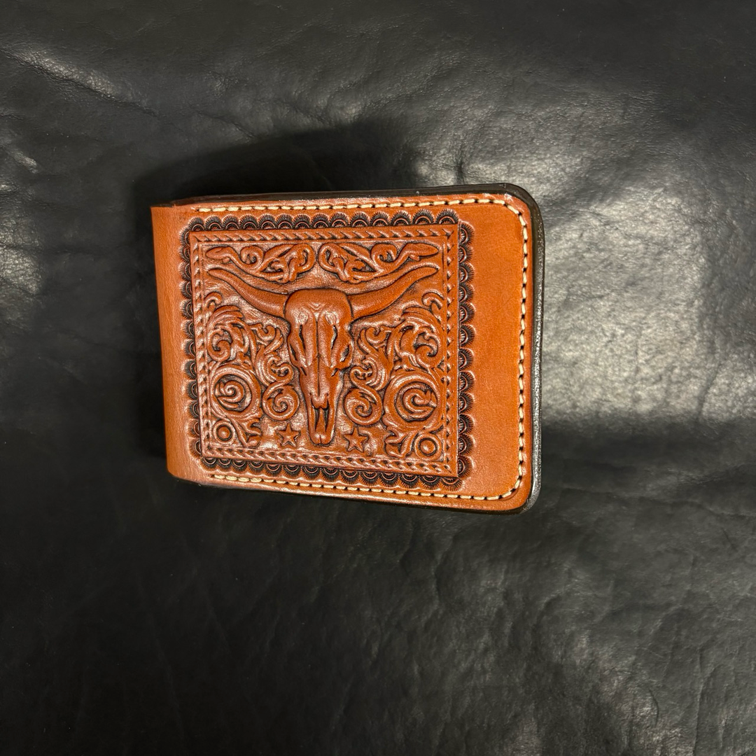 *In Stock* Leather Billfold - Hand Stamped Steerhead &amp; Hand Tooled Basket Weave