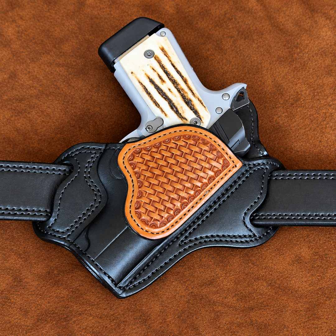 *In Stock* RH Texas Bodyguard Kimber Micro 9 Black w/Chestnut Hand Tooled Basket Weave