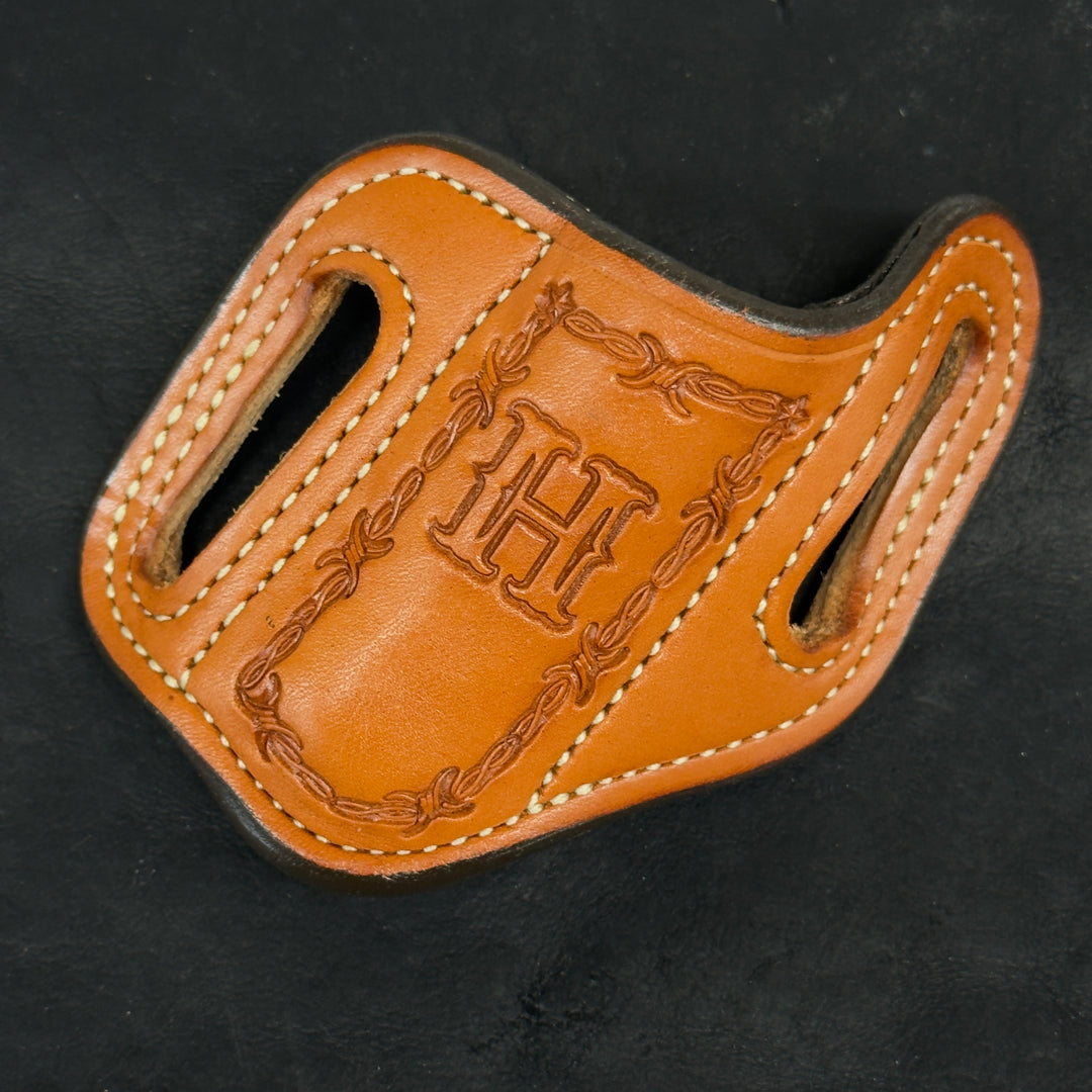 *In Stock* RH Cowboy Knife Sheath for 2 Blade Trapper 4 1/8 Saddle Oil Finish - Hand Tooled Border