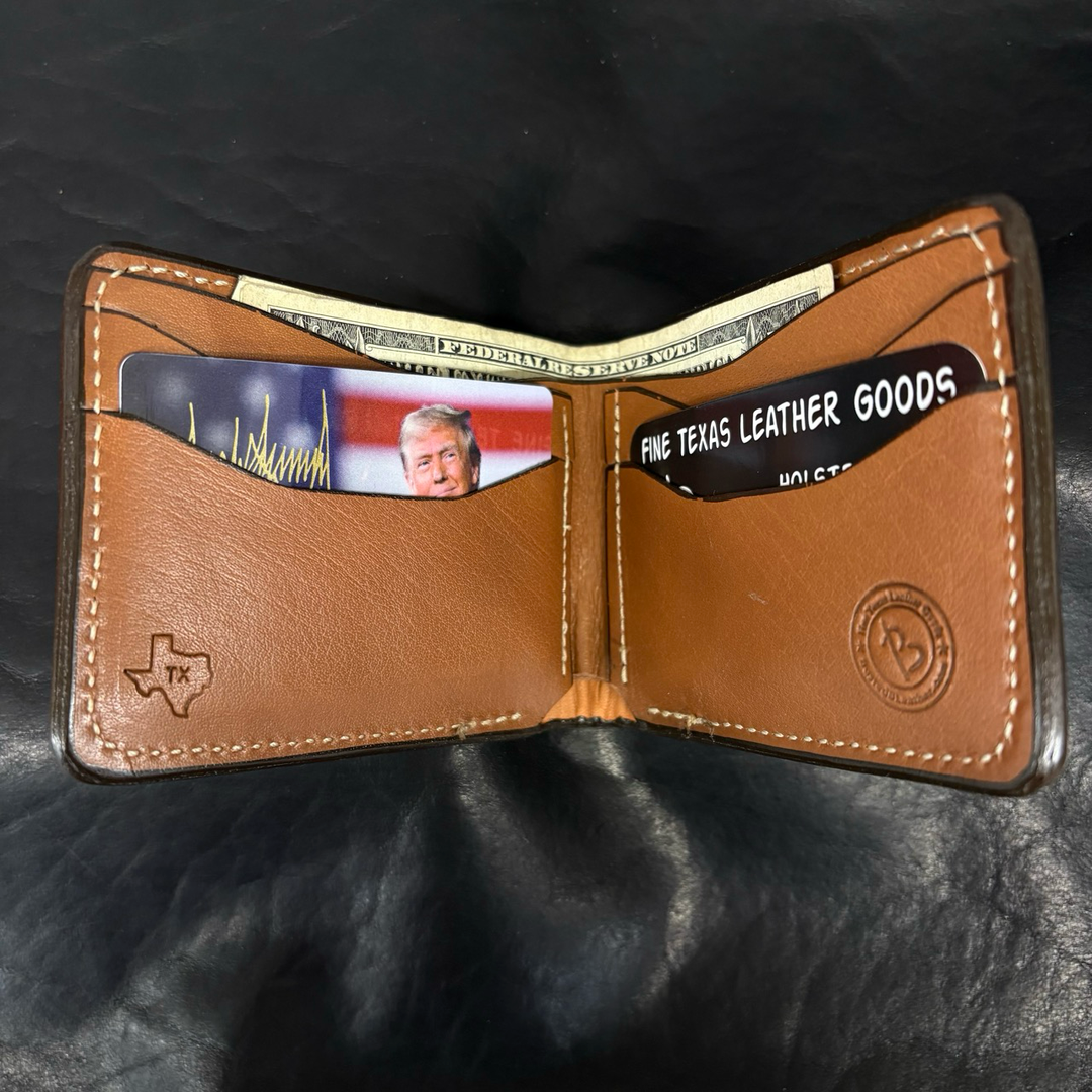 *In Stock* Leather Billfold - Hand Stamped Steerhead &amp; Hand Tooled Basket Weave