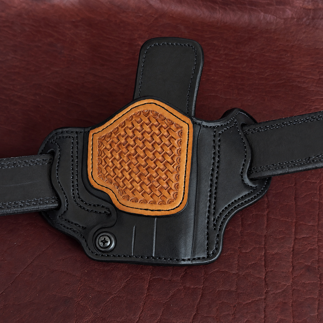 *In Stock* RH Ironside Holster H&amp;K CC9 - Black w/Hand Tooled Basket Weave Trim