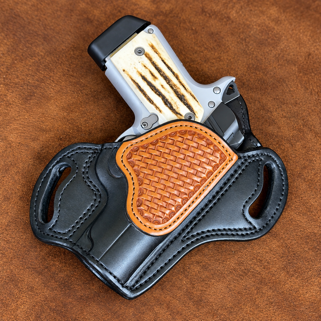 *In Stock* RH Texas Bodyguard Kimber Micro 9 Black w/Chestnut Hand Tooled Basket Weave