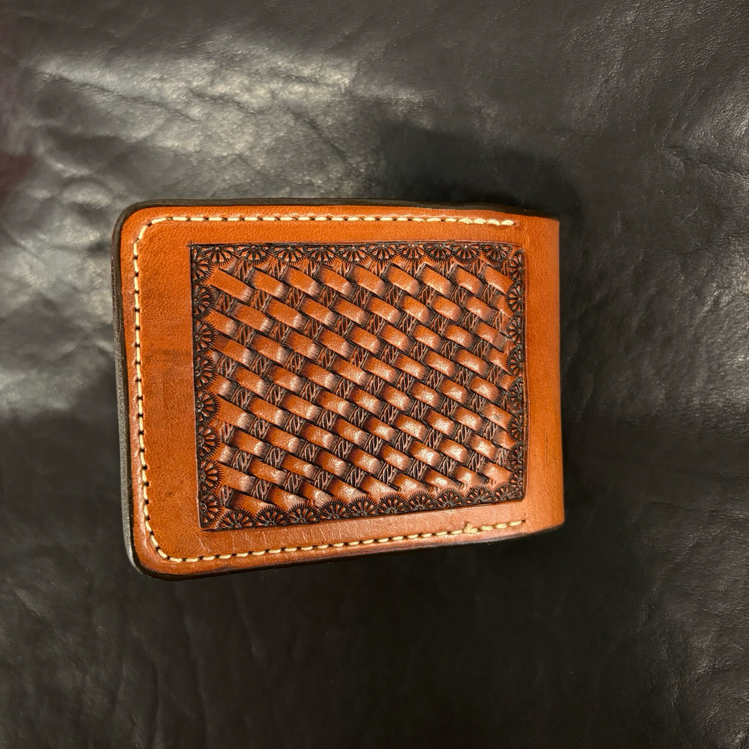*In Stock* Leather Billfold - Hand Stamped Steerhead &amp; Hand Tooled Basket Weave