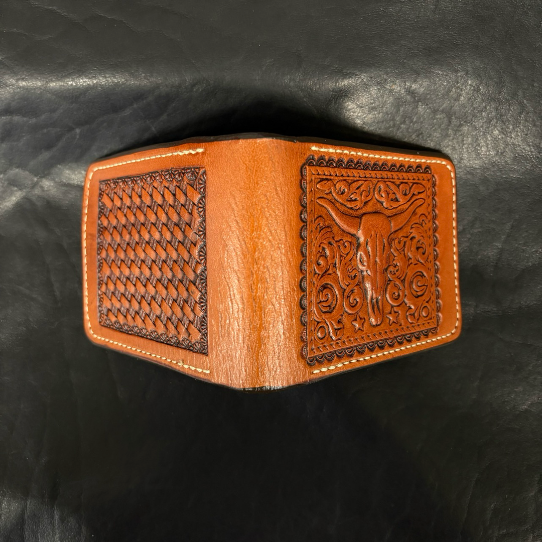 *In Stock* Leather Billfold - Hand Stamped Steerhead &amp; Hand Tooled Basket Weave