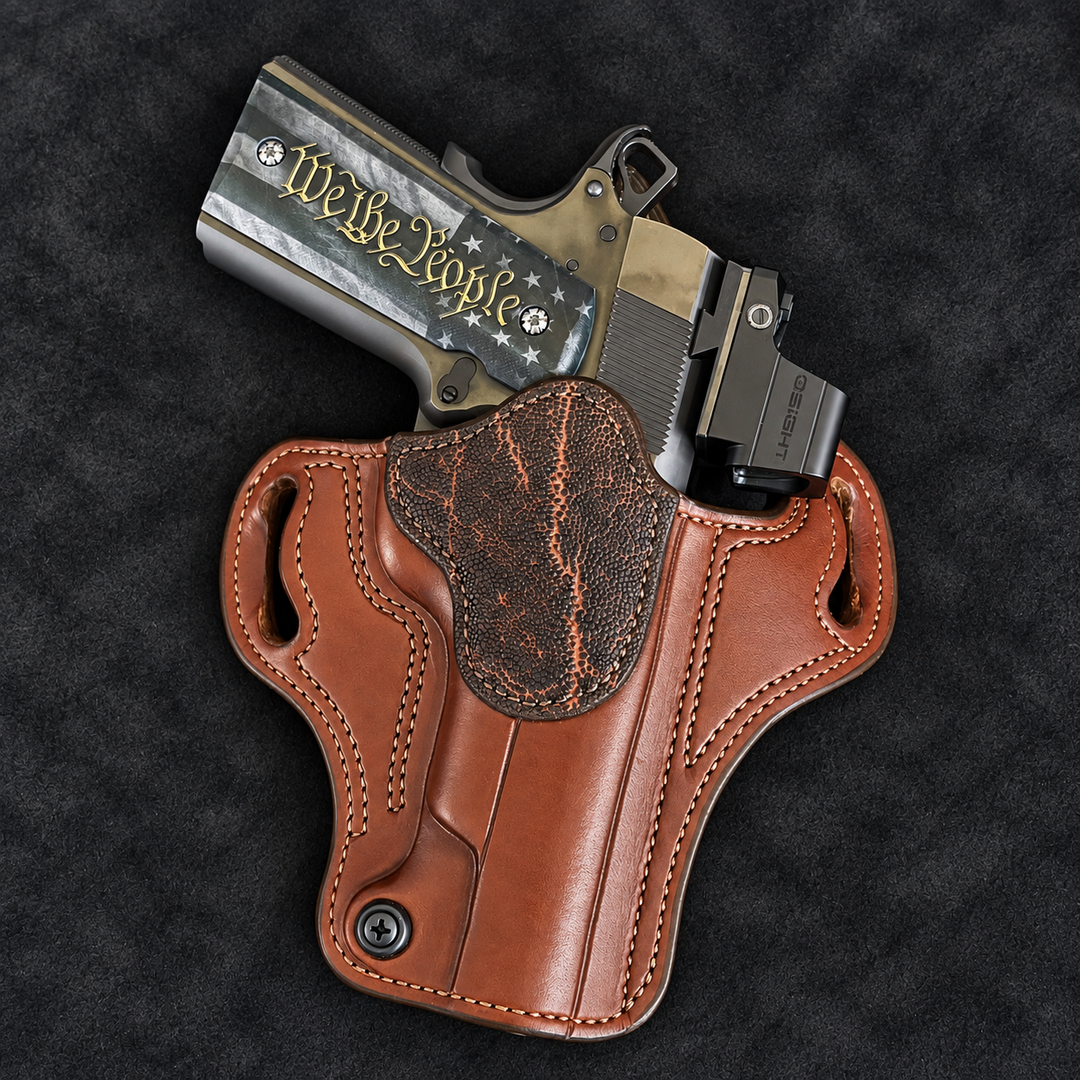 *In Stock* RH Ironside Holster 1911 5" Optic Ready British Brown w/Bark Genuine Super Exotic Trim