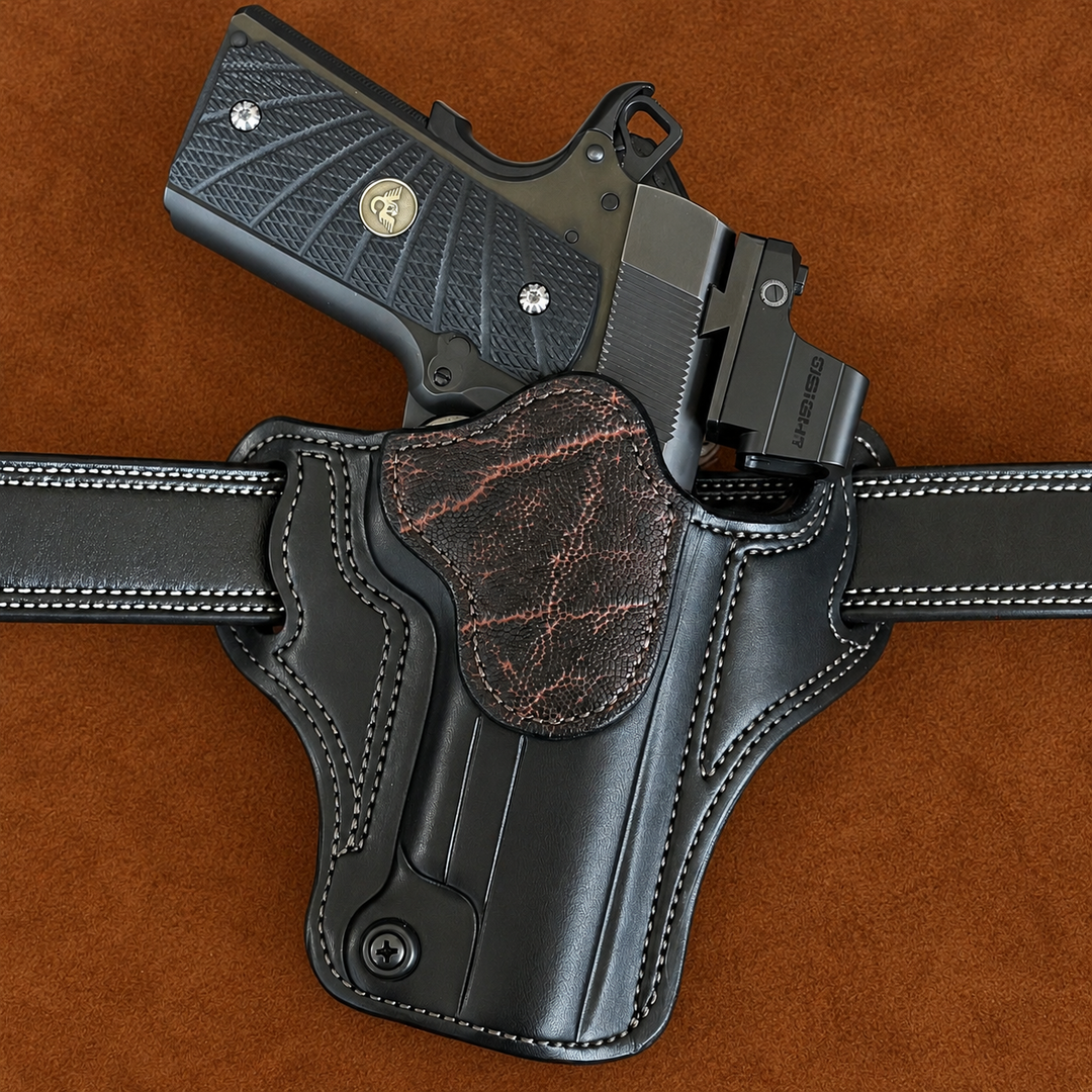 *In Stock* RH Ironside Holster 1911 5" Optic Ready w/ Rail  Black w/Bark Genuine Super Exotic Trim
