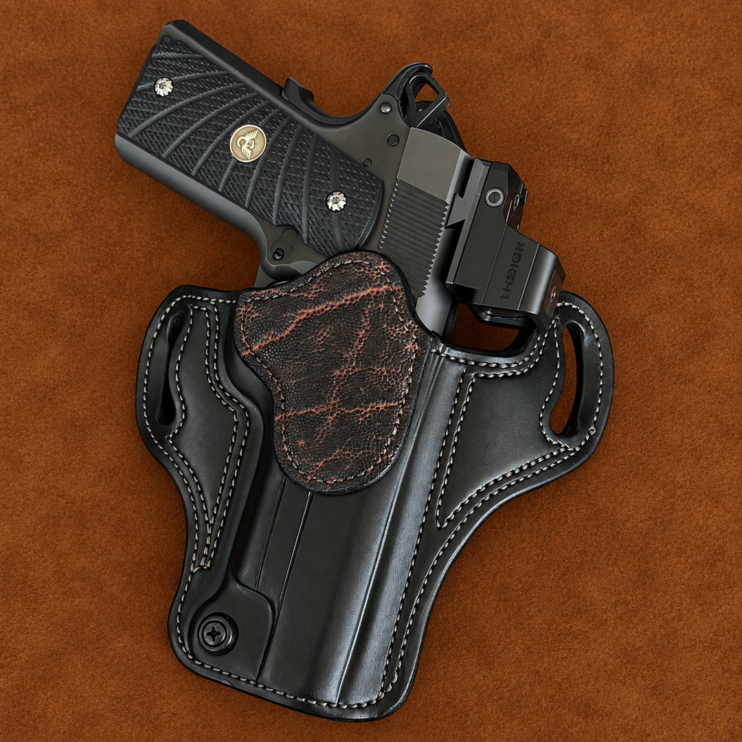 *In Stock* RH Ironside Holster 1911 5" Optic Ready w/ Rail  Black w/Bark Genuine Super Exotic Trim