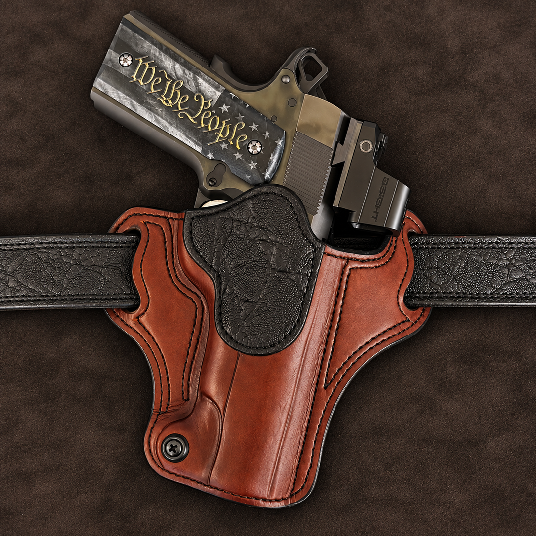 *In Stock* RH Ironside Holster 1911 5" Optic Ready British Brown w/Black Genuine Super Exotic Trim