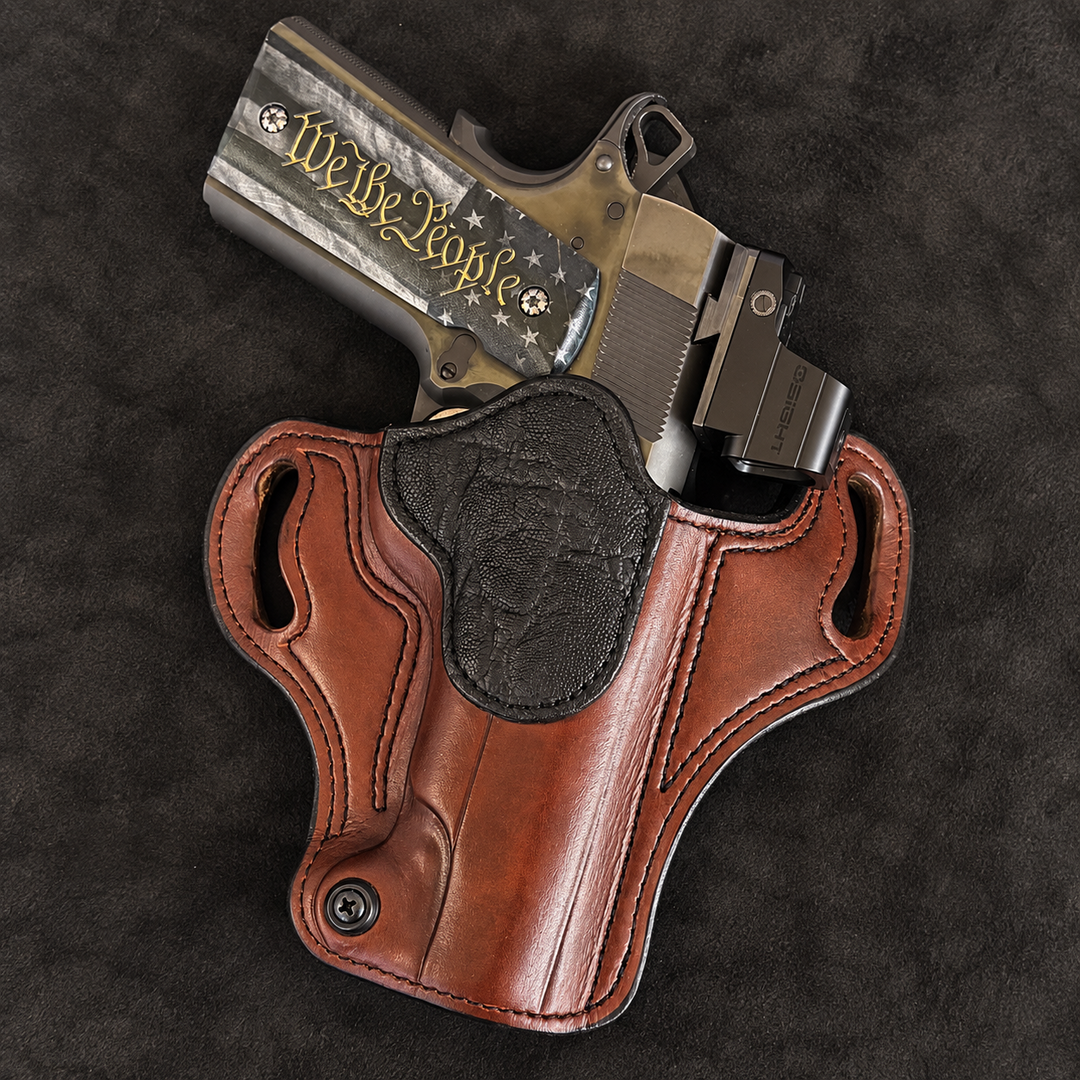 *In Stock* RH Ironside Holster 1911 5" Optic Ready British Brown w/Black Genuine Super Exotic Trim