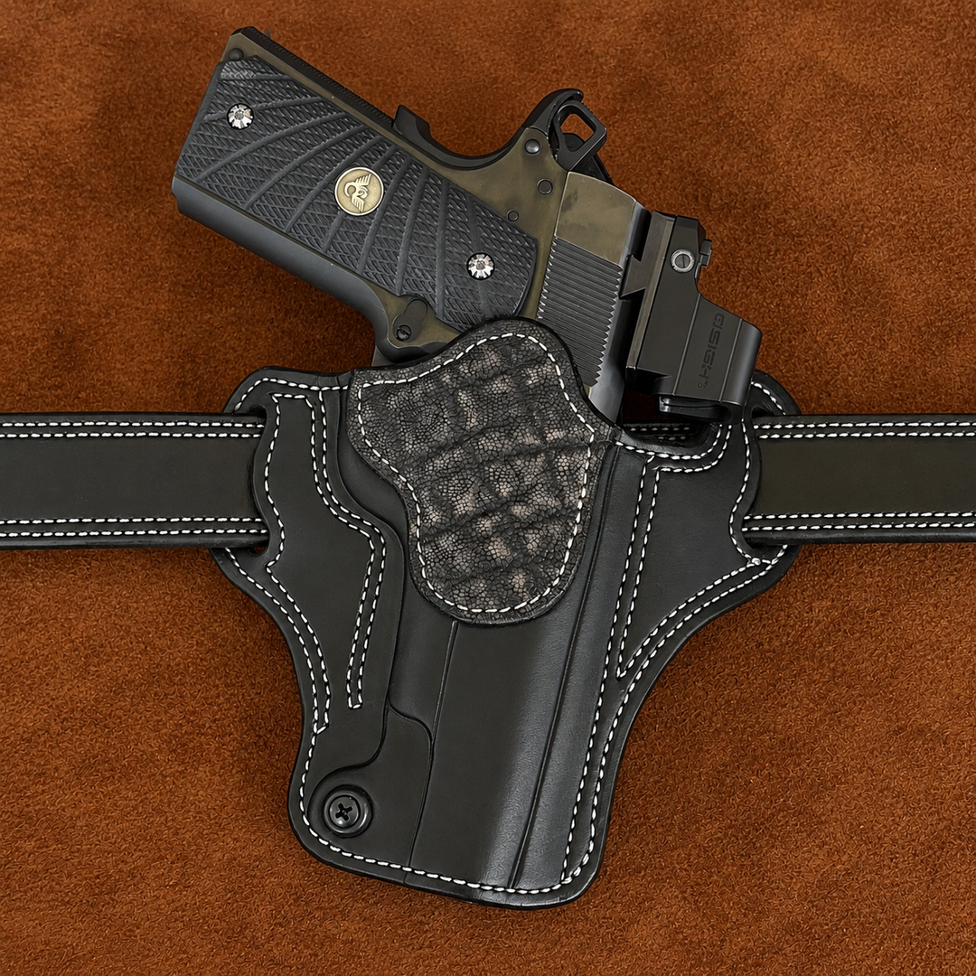 *In Stock* RH Ironside Holster 1911 5" Optic Ready  Black w/Safari Gray Genuine Super Exotic Trim