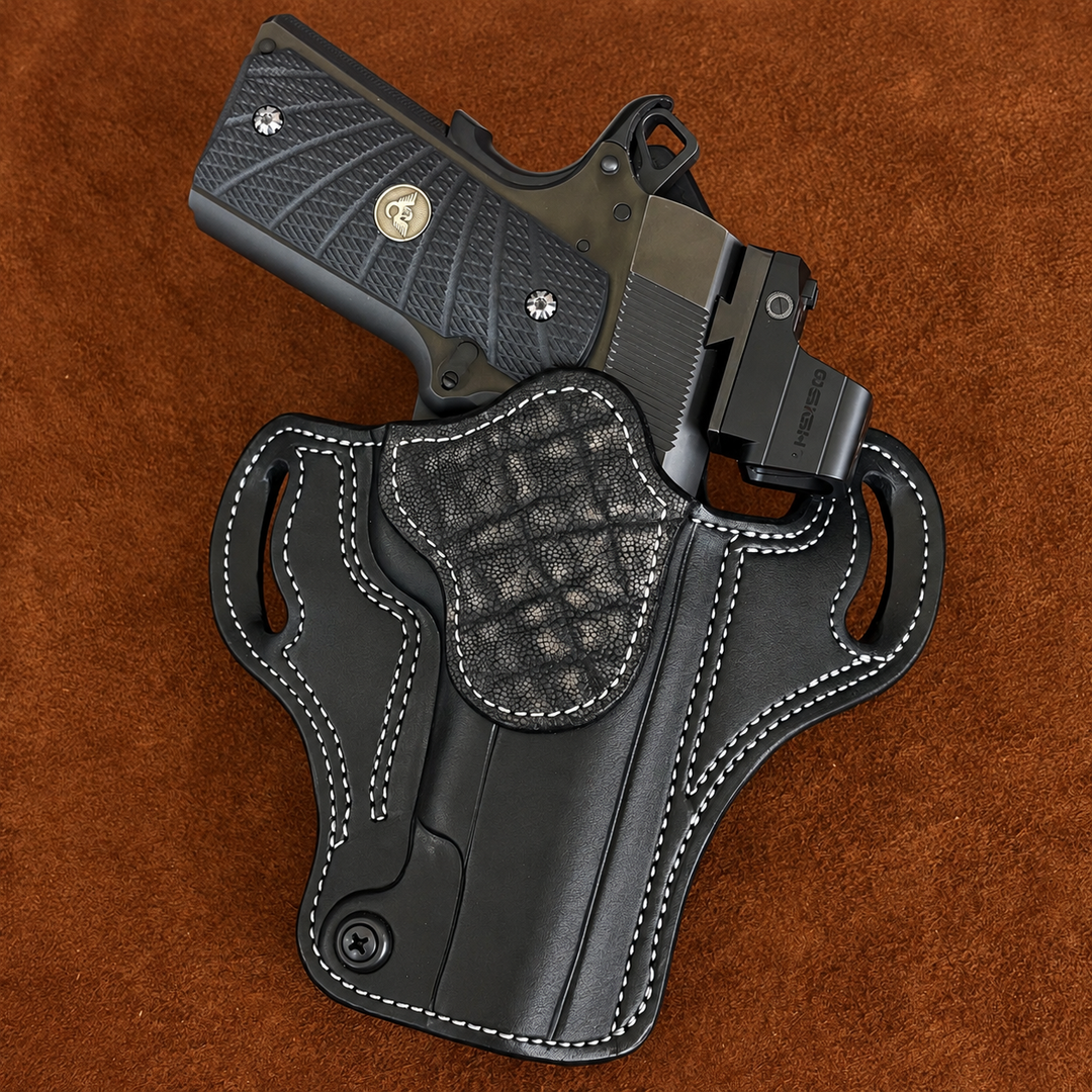 *In Stock* RH Ironside Holster 1911 5" Optic Ready  Black w/Safari Gray Genuine Super Exotic Trim