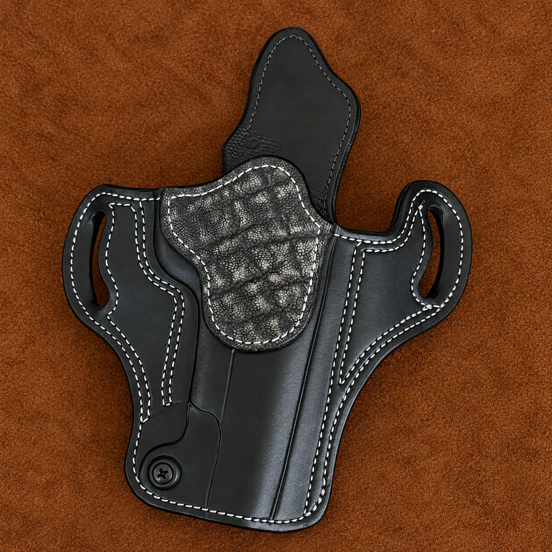 *In Stock* RH Ironside Holster 1911 5" Optic Ready  Black w/Safari Gray Genuine Super Exotic Trim