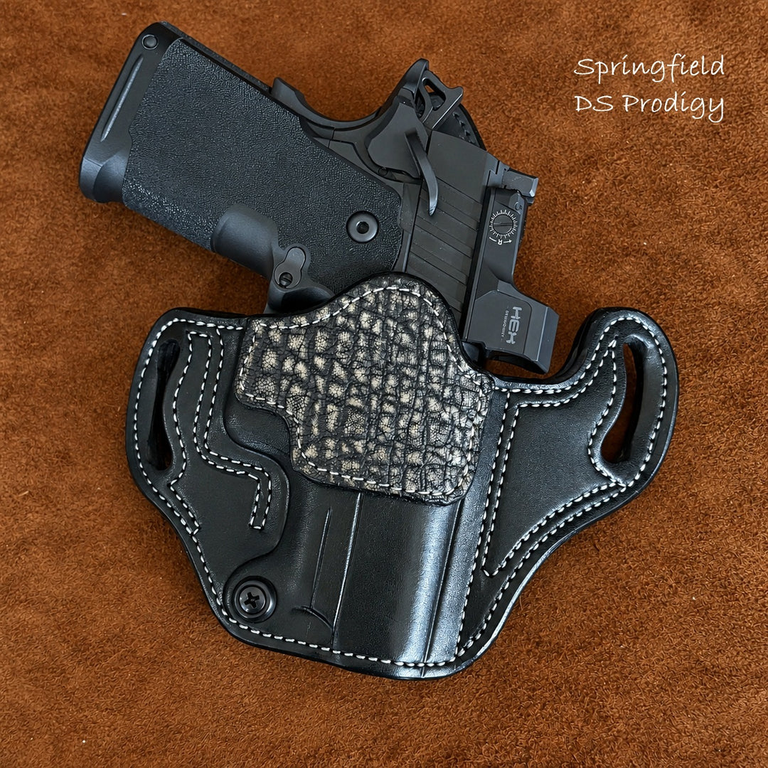 *In Stock* RH Ironside Holster Staccato CS/Springfield DS Prodigy 3.5" Optic Ready w/ Rail Black w/ Super Exotic Trim