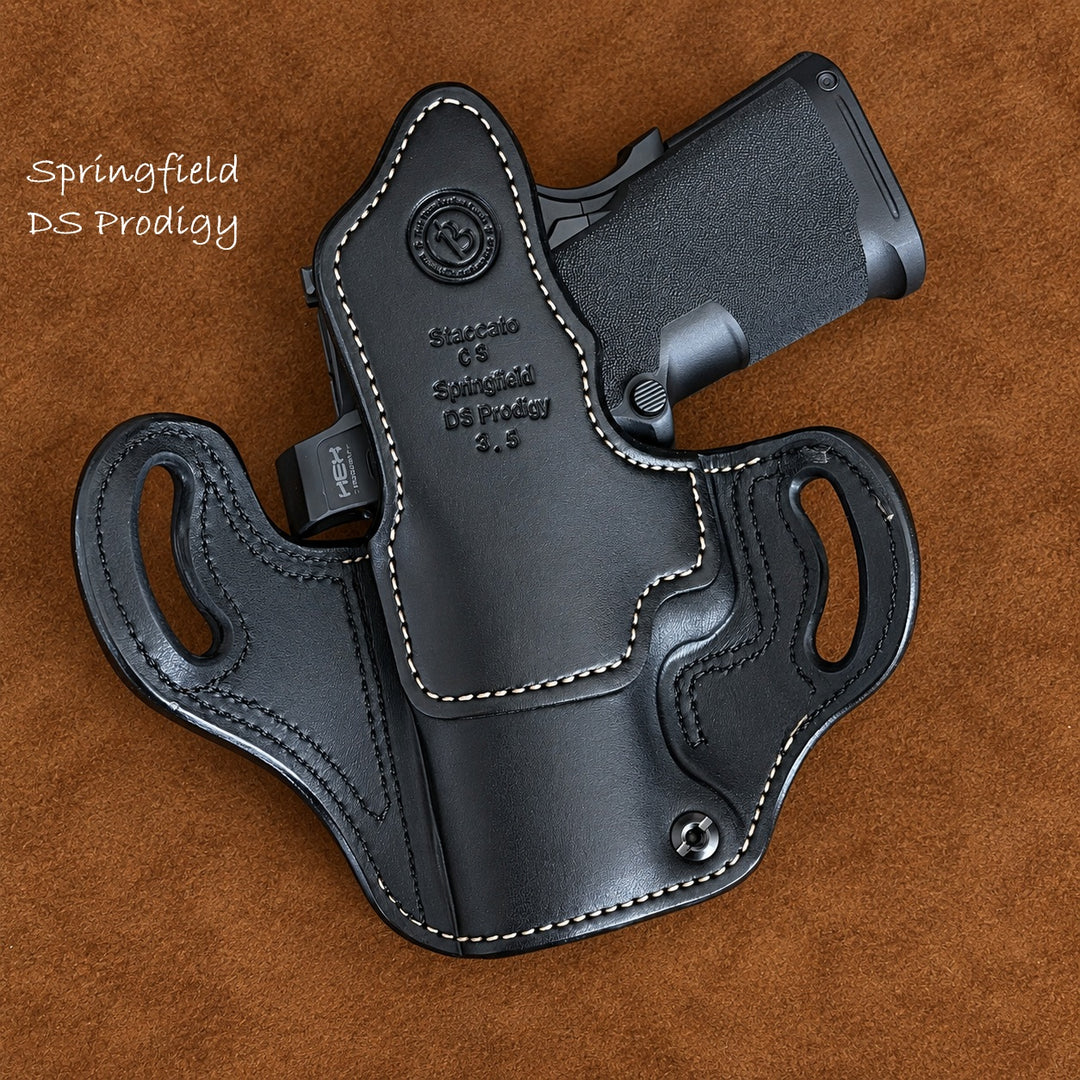 *In Stock* RH Ironside Holster Staccato CS/Springfield DS Prodigy 3.5" Optic Ready w/ Rail Black w/ Super Exotic Trim