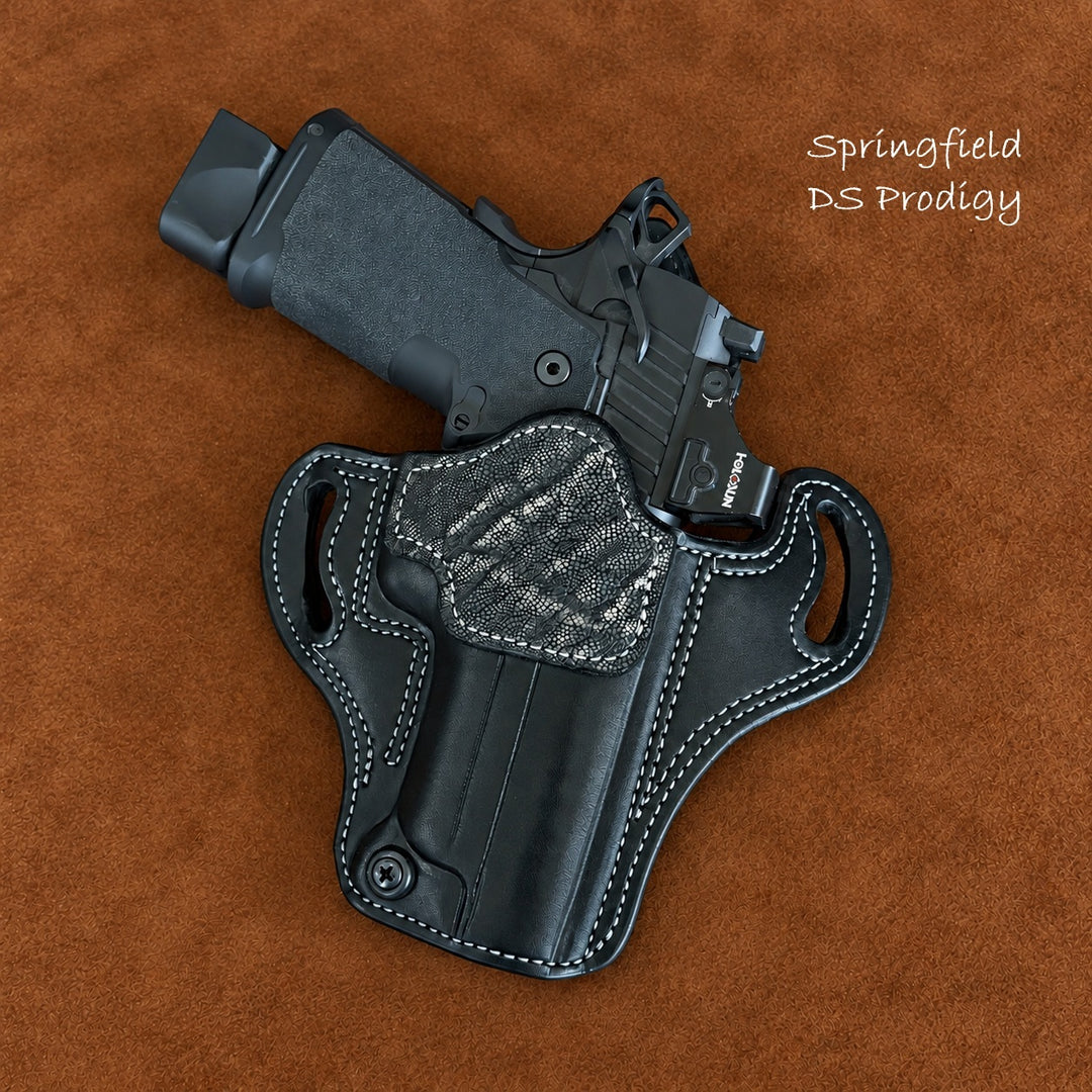 *In Stock* RH Ironside Holster Staccato P/ Springfield DS Prodigy 4.25" Optic Ready w/ Rail Black w/ Super Exotic Trim
