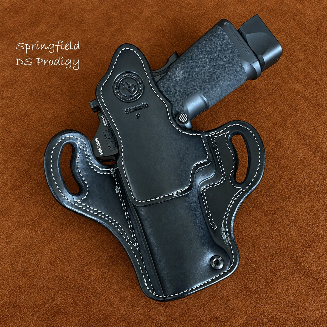 *In Stock* RH Ironside Holster Staccato P/ Springfield DS Prodigy 4.25" Optic Ready w/ Rail Black w/ Super Exotic Trim