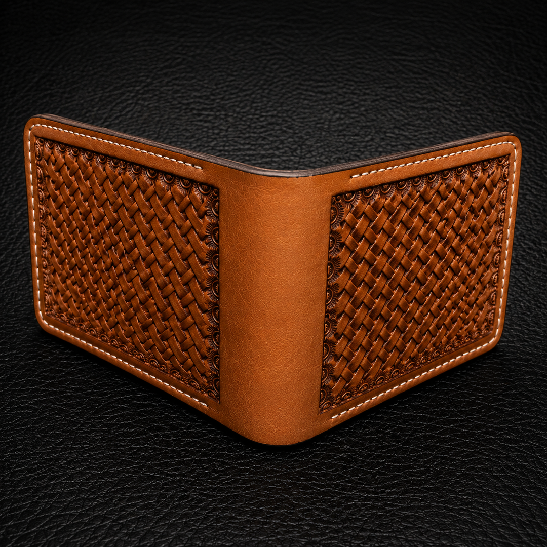 *In Stock* Leather Hand Tooled Basket Weave Wallet Chestnut w/Natural Stitch