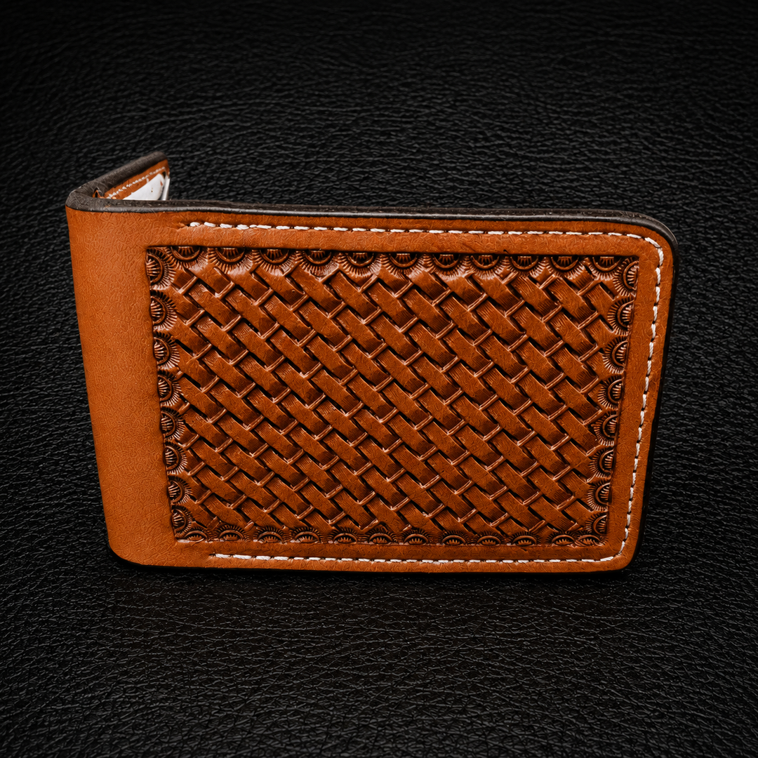 *In Stock* Leather Hand Tooled Basket Weave Wallet Chestnut w/Natural Stitch