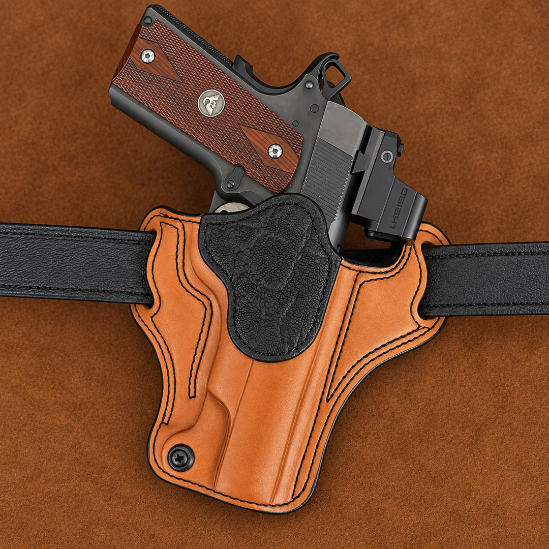 *In Stock* RH Ironside Holster 1911 5" Optic Ready Chestnut w/Black Genuine Super Exotic Trim