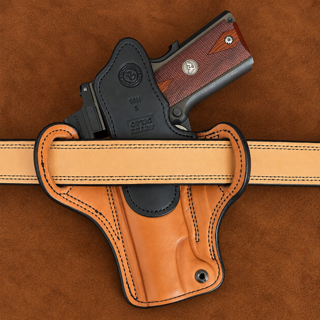 *In Stock* RH Ironside Holster 1911 5" Optic Ready Chestnut w/Black Genuine Super Exotic Trim