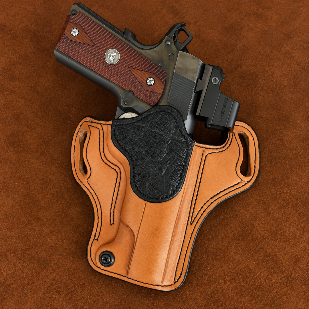 *In Stock* RH Ironside Holster 1911 5" Optic Ready Chestnut w/Black Genuine Super Exotic Trim