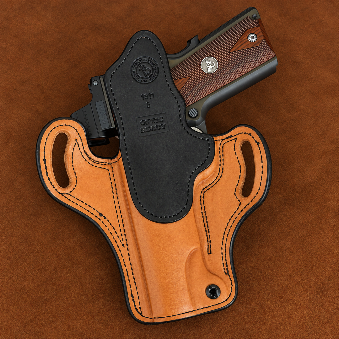 *In Stock* RH Ironside Holster 1911 5" Optic Ready Chestnut w/Black Genuine Super Exotic Trim