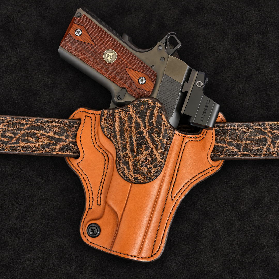 *In Stock* RH Ironside Holster 1911 5" Optic Ready Chestnut w/Antique Brandy Genuine Super Exotic Trim