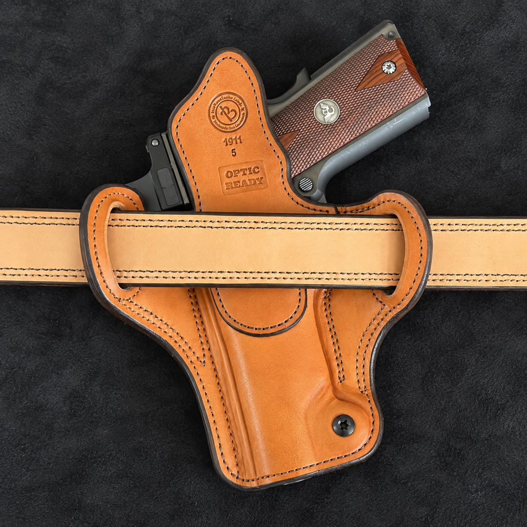 *In Stock* RH Ironside Holster 1911 5" Optic Ready Chestnut w/Antique Brandy Genuine Super Exotic Trim
