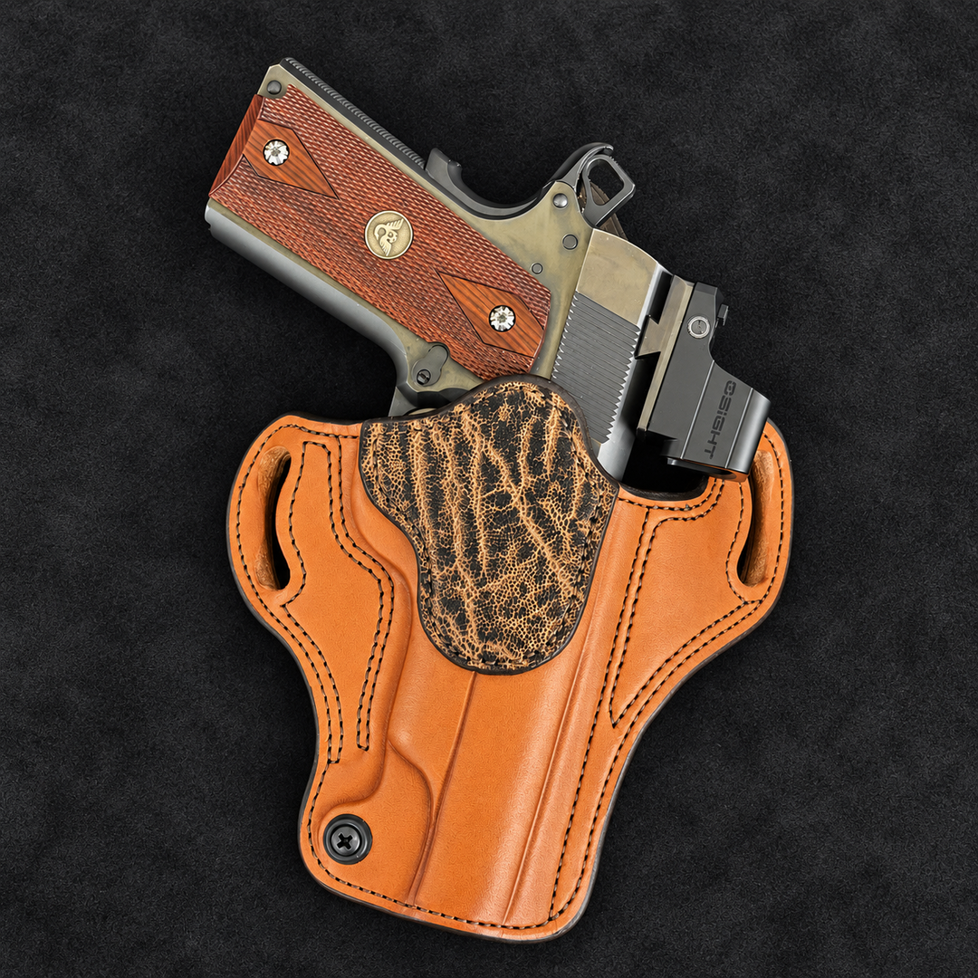 *In Stock* RH Ironside Holster 1911 5" Optic Ready Chestnut w/Antique Brandy Genuine Super Exotic Trim