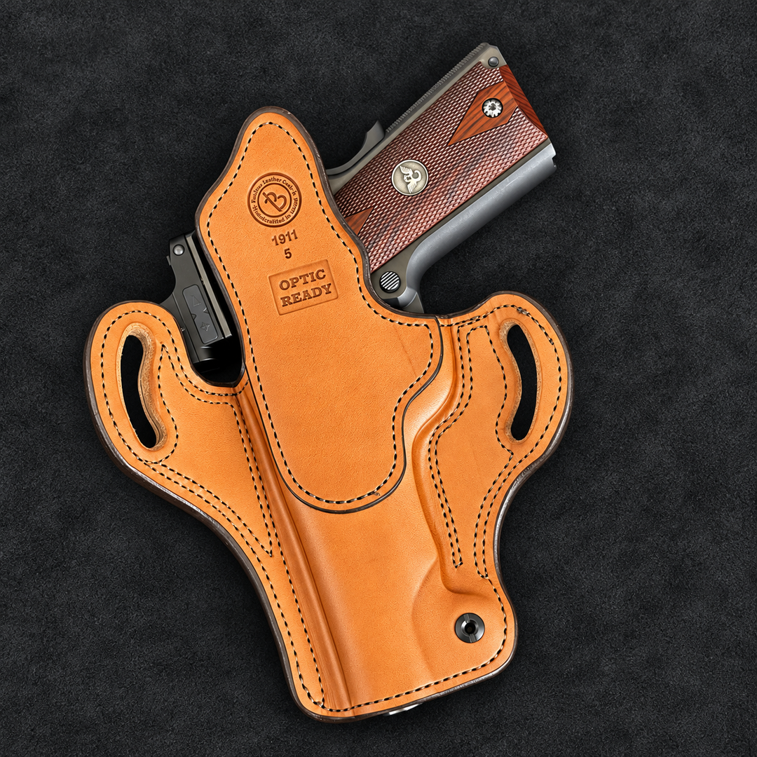 *In Stock* RH Ironside Holster 1911 5" Optic Ready Chestnut w/Antique Brandy Genuine Super Exotic Trim