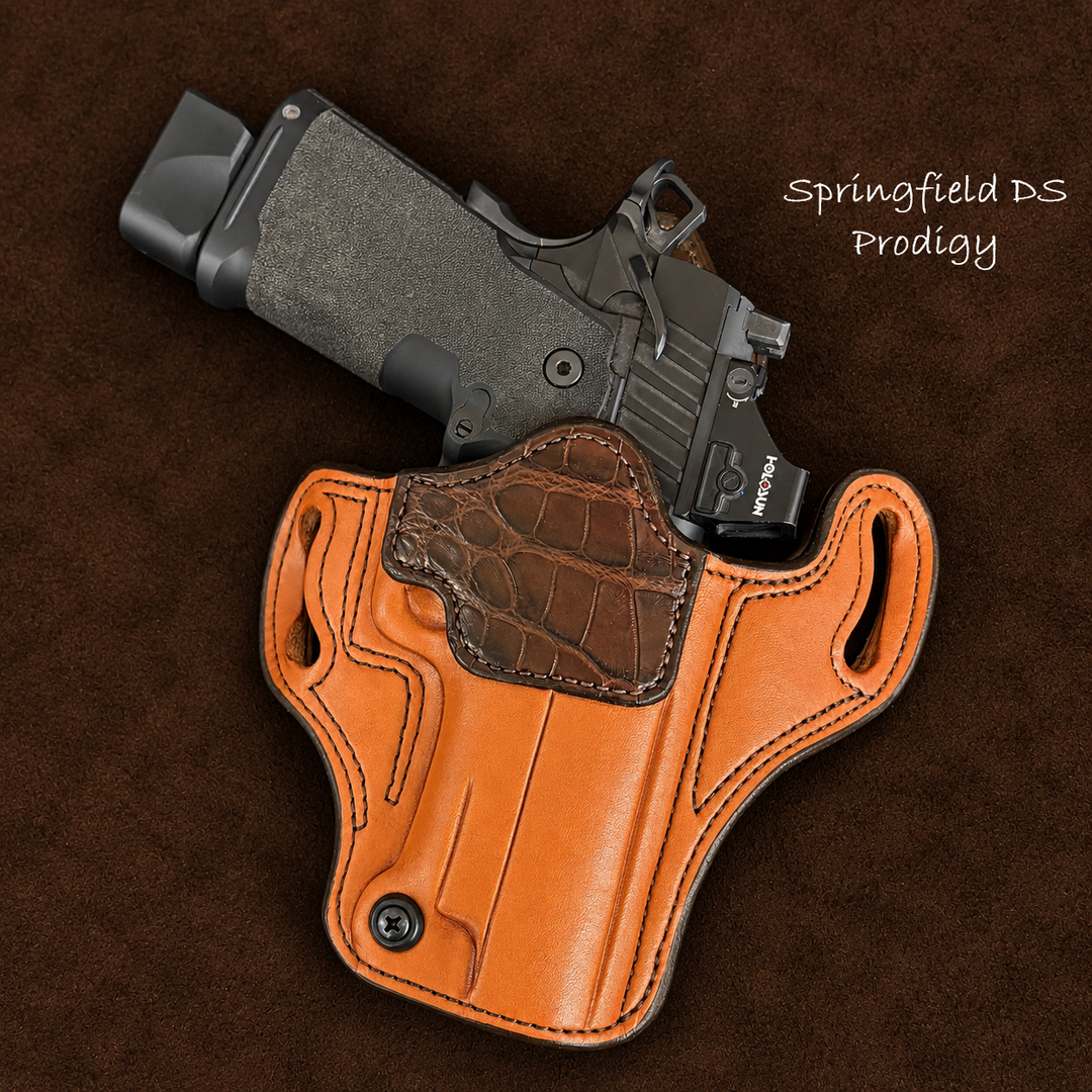 *In Stock* RH Ironside Holster Staccato P/ Springfield DS Prodigy 4.25" Optic Ready w/ Rail Chestnut w/ Super Exotic Trim