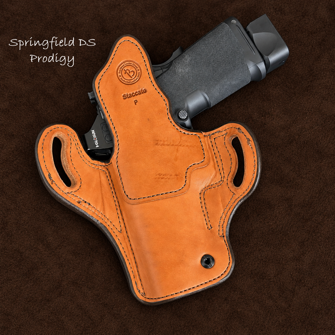 *In Stock* RH Ironside Holster Staccato P/ Springfield DS Prodigy 4.25" Optic Ready w/ Rail Chestnut w/ Super Exotic Trim