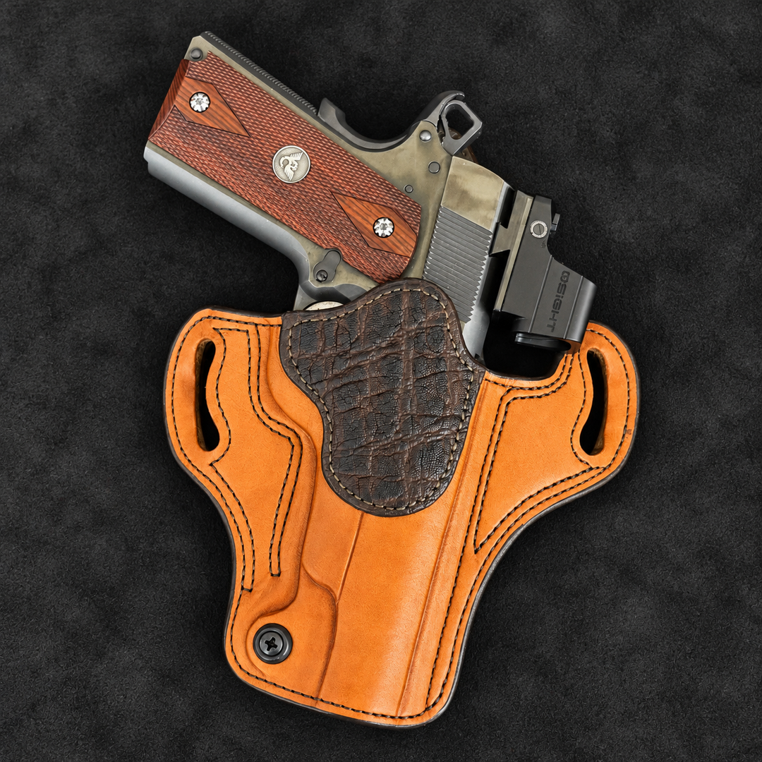 *In Stock* RH Ironside Holster 1911 5" Optic Ready Chestnut w/Chocolate Genuine Super Exotic Trim