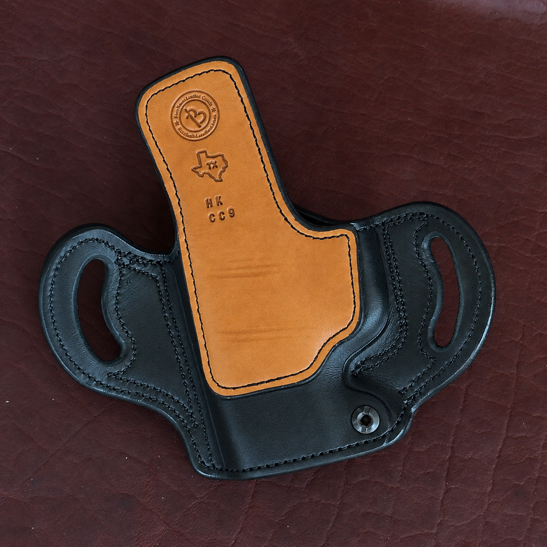 *In Stock* RH Ironside Holster H&amp;K CC9 - Black w/Hand Tooled Basket Weave Trim