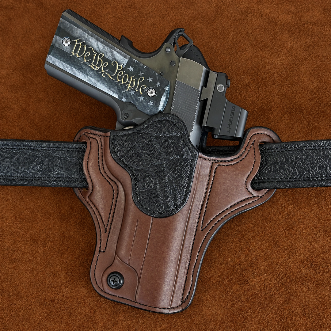 *In Stock* RH Ironside Holster 1911 5" Optic Ready w/Rail Havana w/Black Genuine Super Exotic Trim