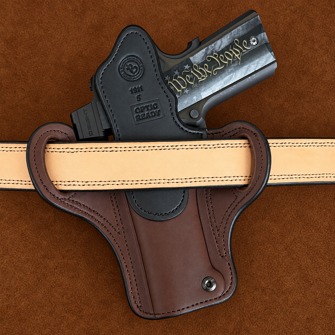 *In Stock* RH Ironside Holster 1911 5" Optic Ready w/Rail Havana w/Black Genuine Super Exotic Trim