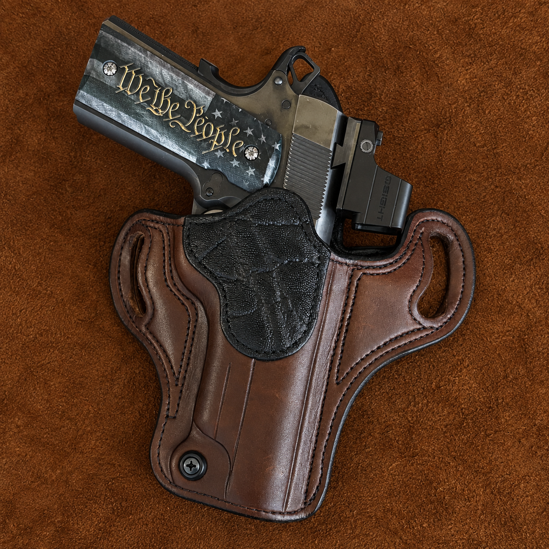 *In Stock* RH Ironside Holster 1911 5" Optic Ready w/Rail Havana w/Black Genuine Super Exotic Trim