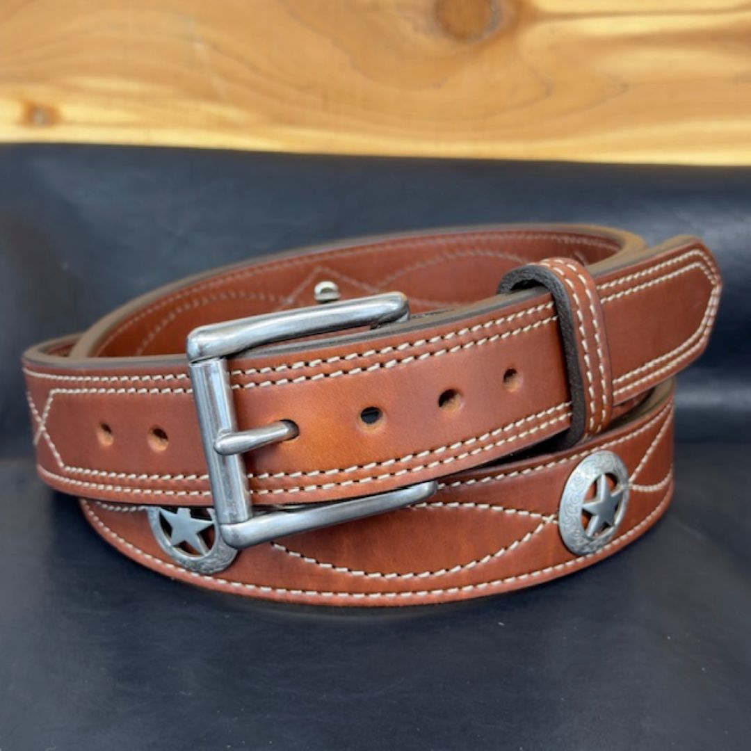 *In Stock* 1.5" Leather Carry Belt – Fancy Stitch &amp; Texas Star Conchos (Size 44)