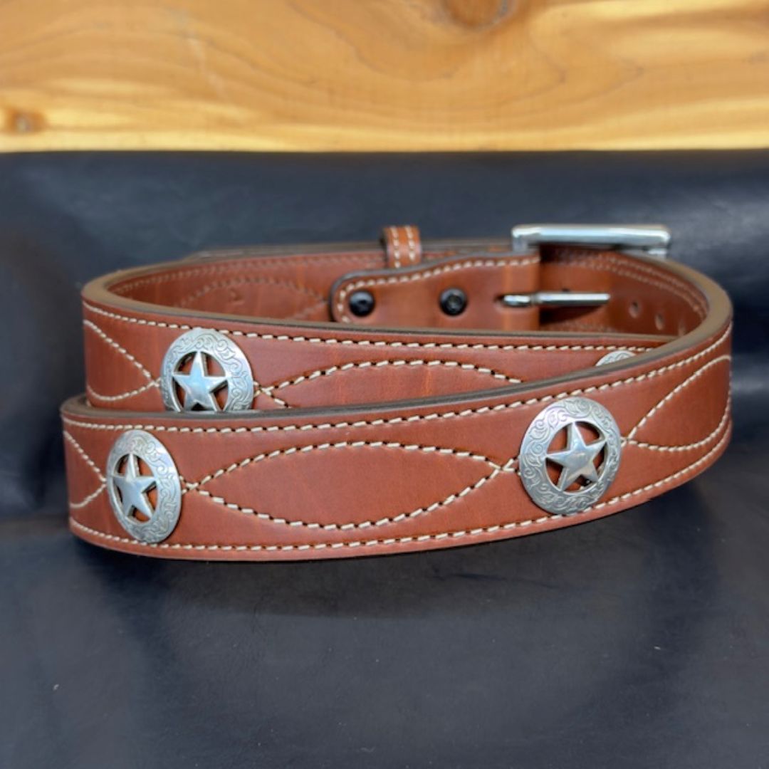 *In Stock* 1.5" Leather Carry Belt – Fancy Stitch &amp; Texas Star Conchos (Size 44)
