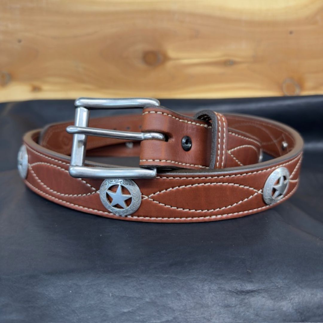 *In Stock* 1.5" Leather Carry Belt – Fancy Stitch &amp; Texas Star Conchos (Size 44)