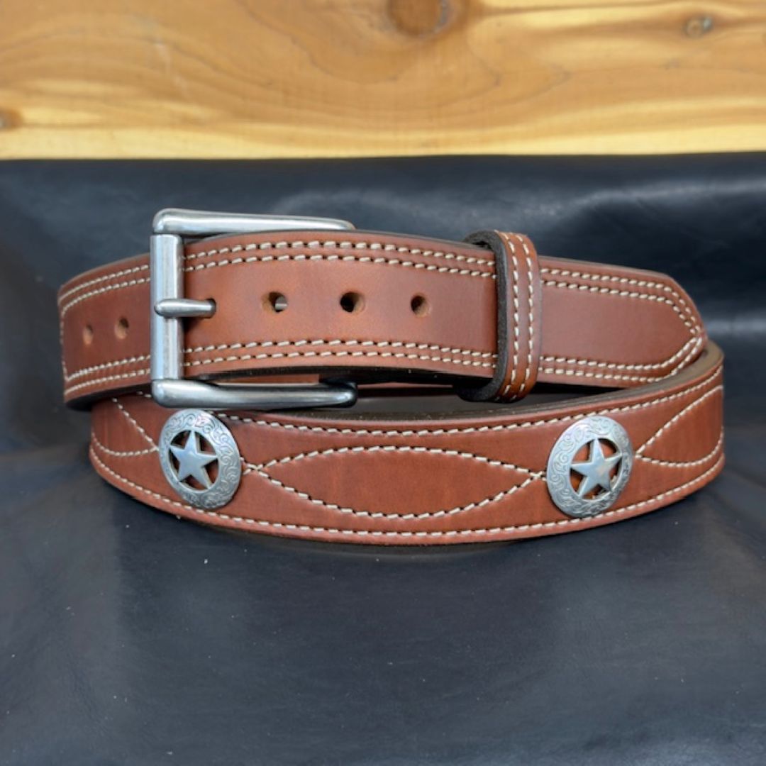*In Stock* 1.5" Leather Carry Belt – Fancy Stitch &amp; Texas Star Conchos (Size 44)