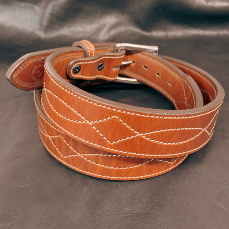 *In Stock* 1.75" Tapered to 1.5" .25 Thick Fancy Stitch Carry Belt Saddle Oil Finish Size 42 - Busted B Leather