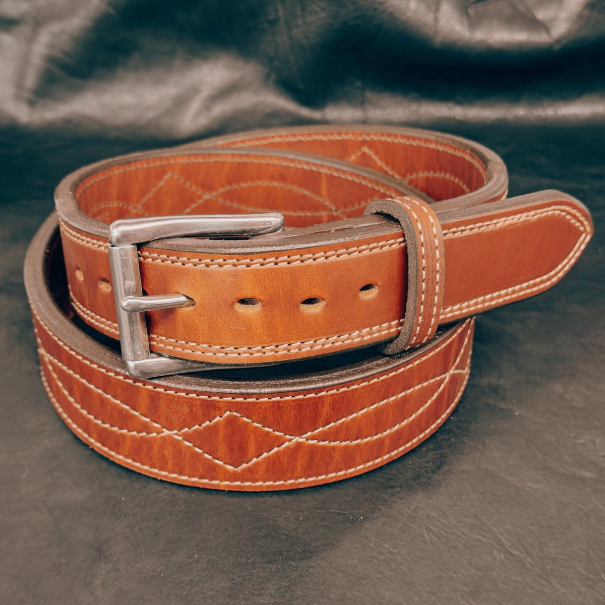 *In Stock* 1.75" Tapered to 1.5" .25 Thick Fancy Stitch Carry Belt Saddle Oil Finish Size 42 - Busted B Leather