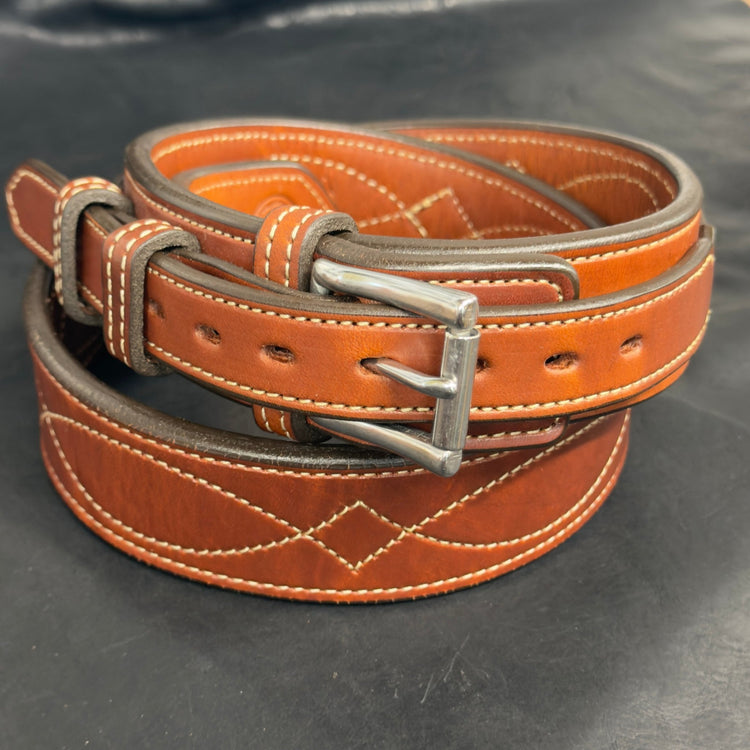 *In Stock* 1.75" Tapered to 1.5" Ranger Belt Fancy Stitch Saddle Oil Finish Size 42 - Busted B Leather