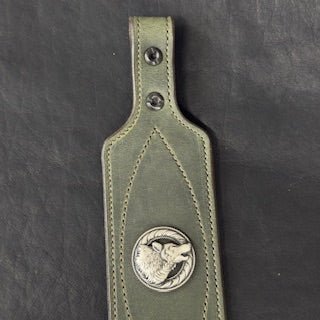 *In Stock* Big Game Rifle Sling in Genuine Weathered Hunter Green Water Buffalo .45-70 Govt &amp; .308 Brown Stitch - Howling Wolf Concho - .45-70 Govt Ammo Loops