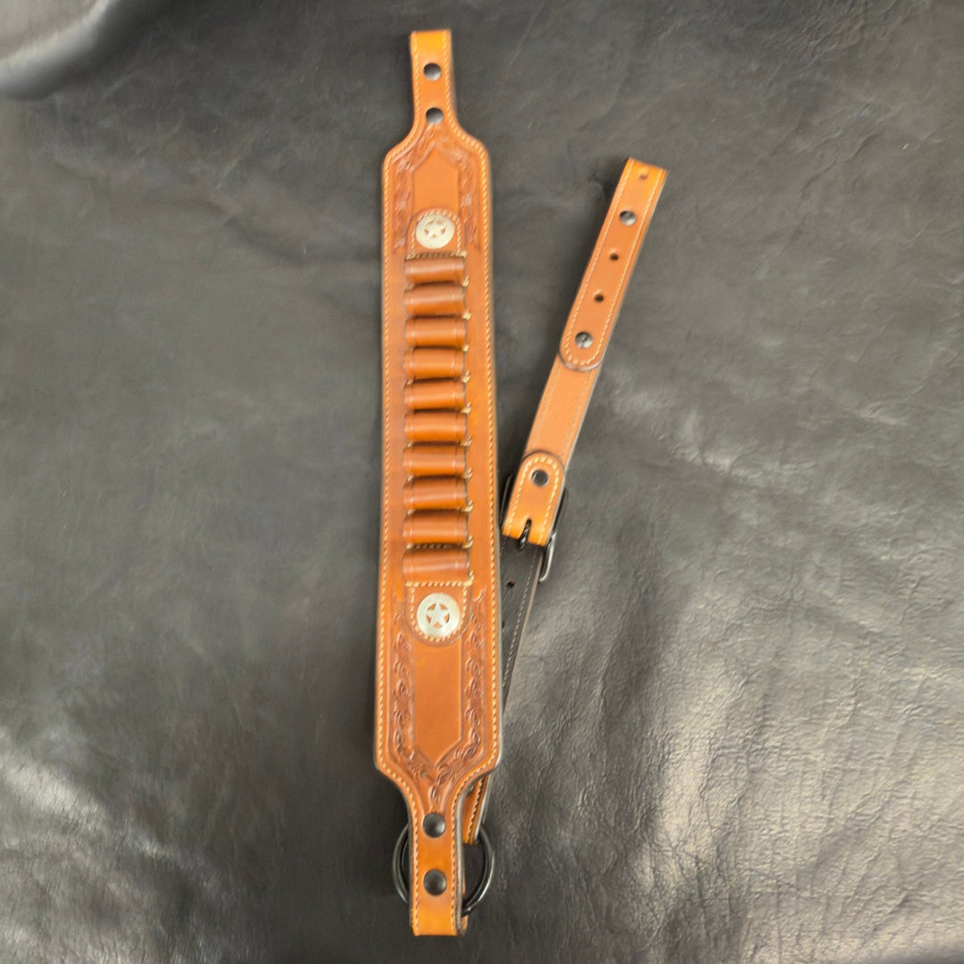 *In Stock* Guide Gun Rifle Sling &amp; RH Butt Cover Bundle Saddle Oil Finish Barbed Wire Border - Busted B Leather