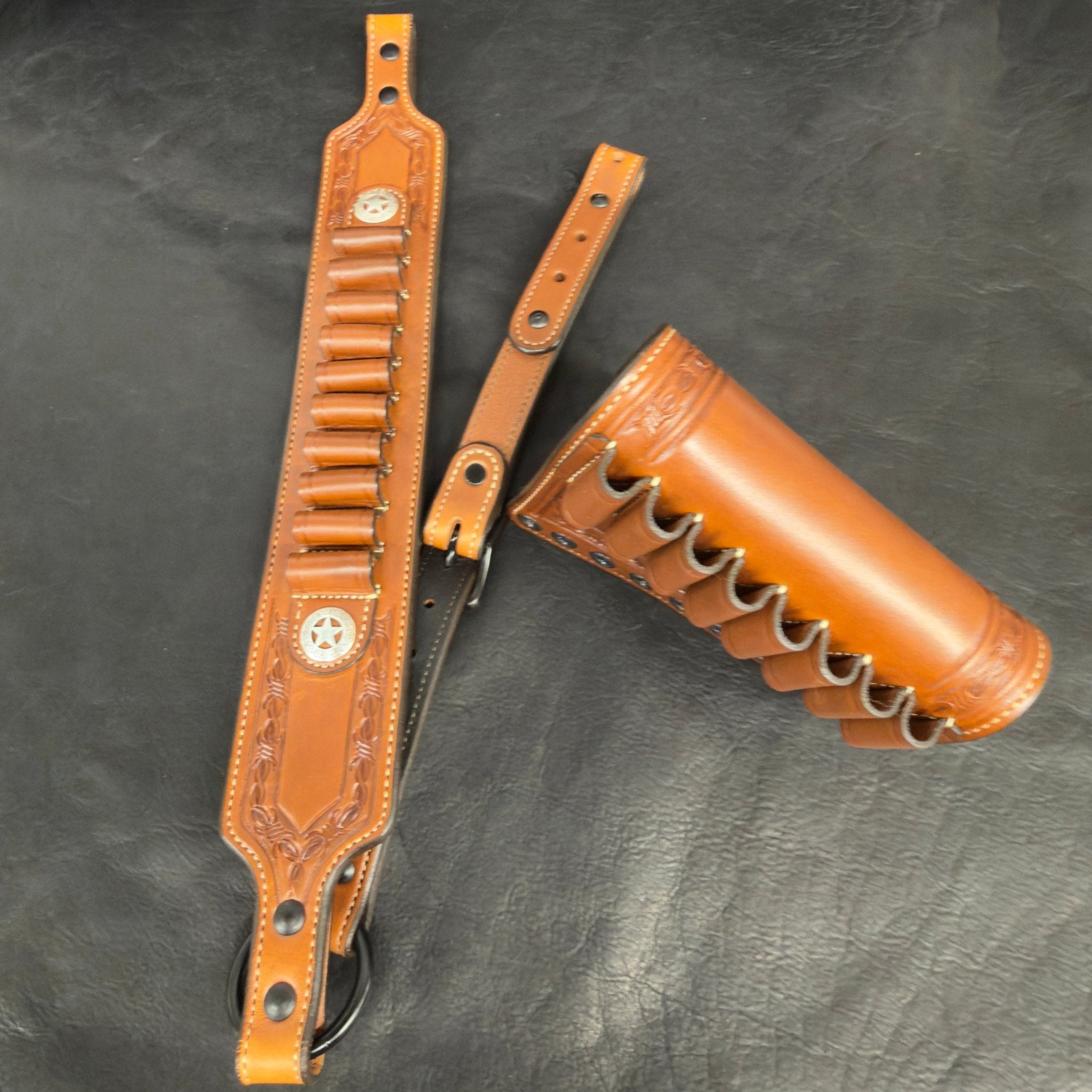 *In Stock* Guide Gun Rifle Sling & RH Butt Cover Bundle Saddle Oil Finish Barbed Wire Border - Busted B Leather