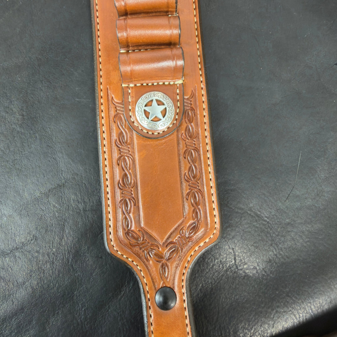 *In Stock* Guide Gun Rifle Sling &amp; RH Butt Cover Bundle Saddle Oil Finish Barbed Wire Border - Busted B Leather